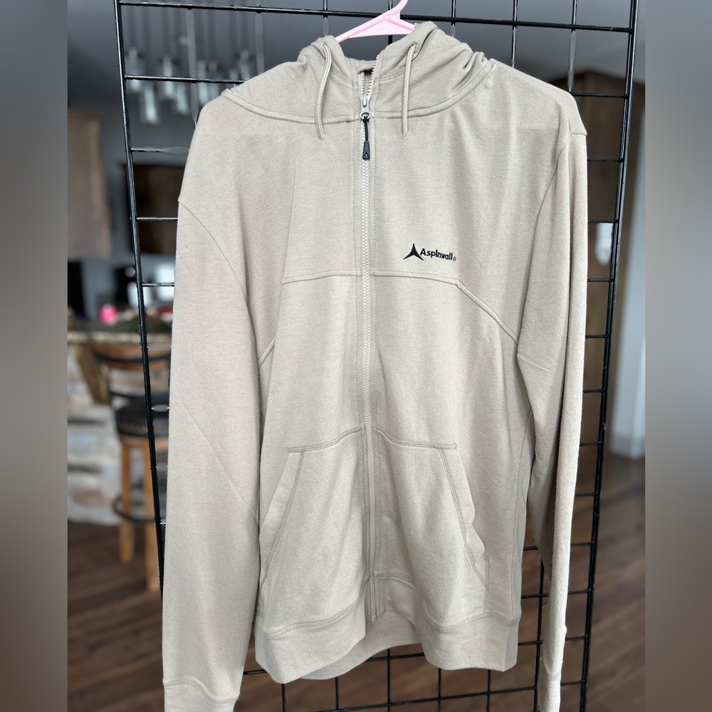 Aspinwall Men's Beige Zip-Up Hooded Sweatshirt,with oversized pockets, Med.